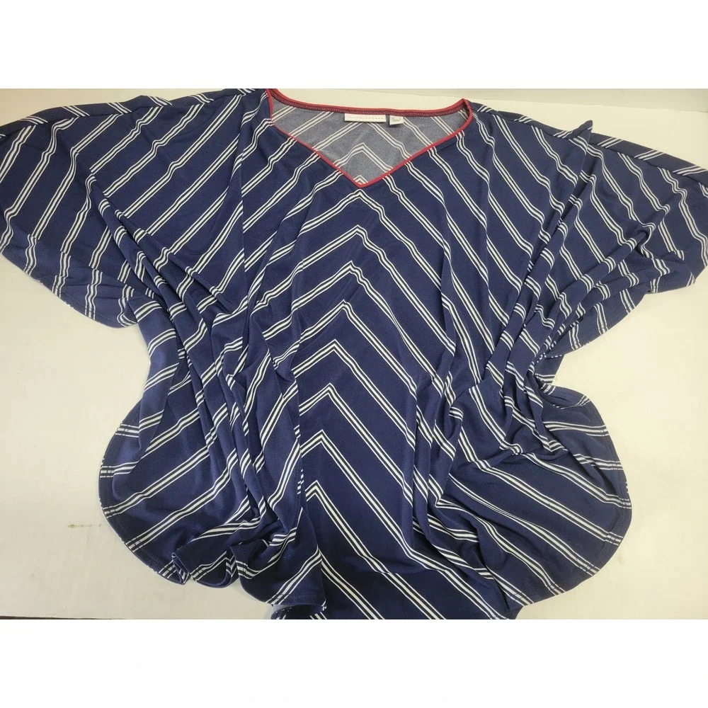 Susan Graver Women Liquid Knit‎ Red Stripe V Neck Kaftan Top Bat Wing Sleeve M/L